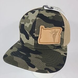 Arcadian Outfitters Oregon Bull Elk Camo Tan Leather Patch Mesh Back Trucker Cap